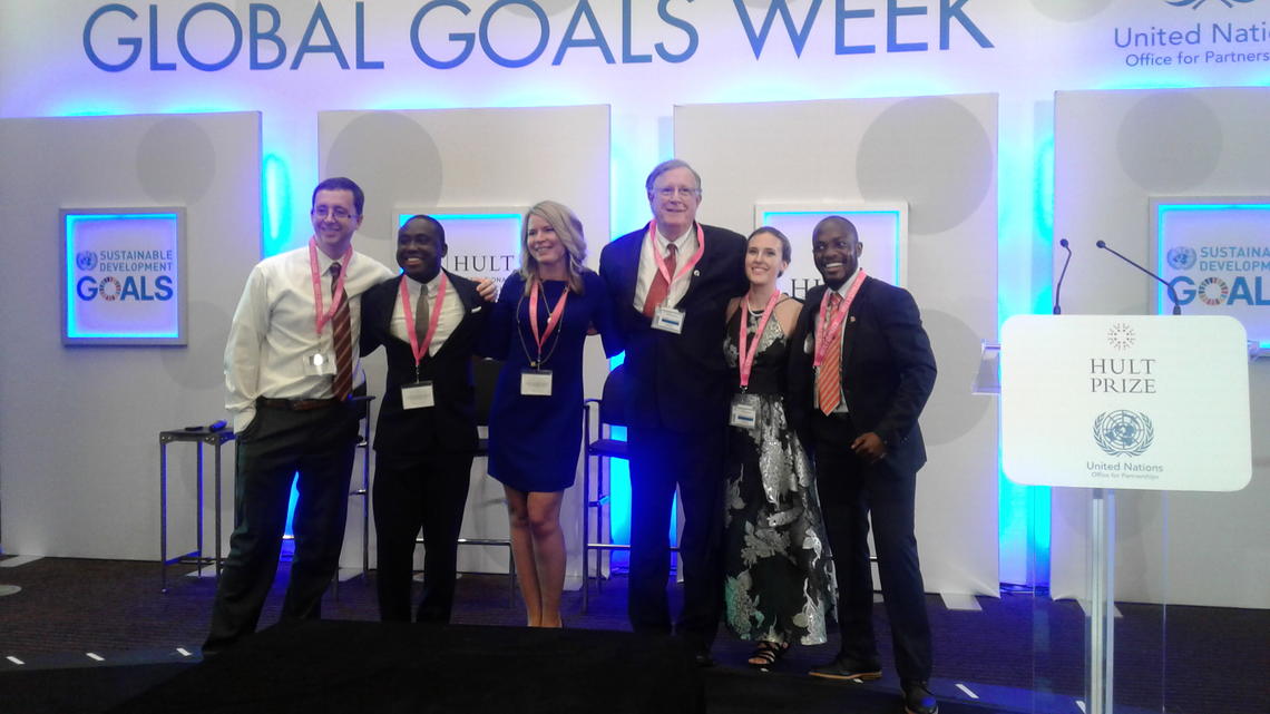 From left: lead developer Chris Sims, Executive MBA student William Akoto, Alumna Richelle Matthews, Prof. Bob Schulz, art director Ashley Calder, EMBA student Francis Duahn. 