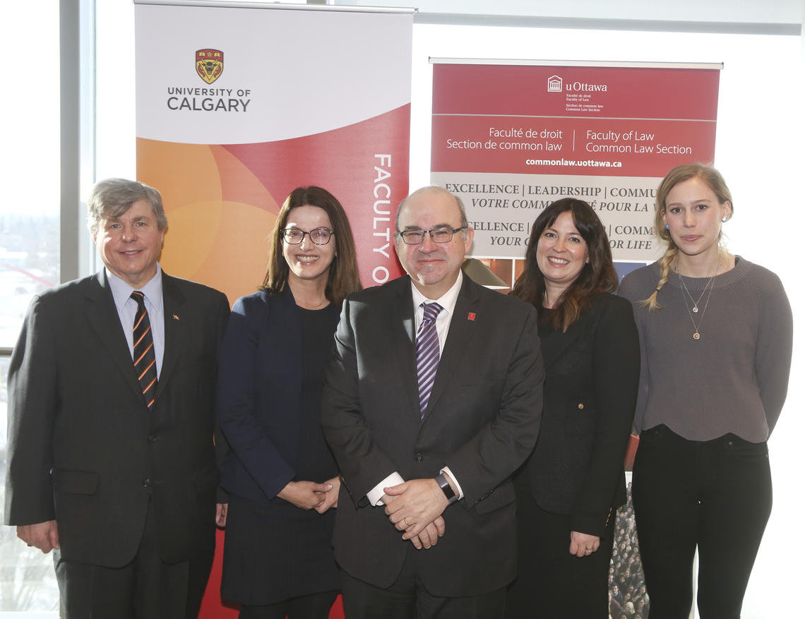 From left: Ian Holloway, dean, UCalgary Law; Nickie Nikolaou, associate dean (academic), UCalgary Law; Adam Dodek, dean, University of Ottawa Faculty of Law; Caroline Magnan, director, CCLF; Alexandra Heine, third-year student, UCalgary Law.