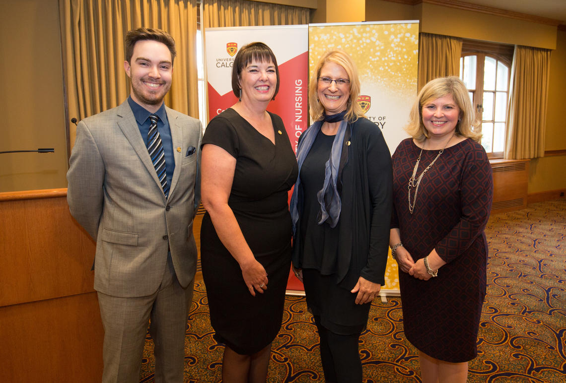 From left, Tyler Hume, Faculty of Nursing Alumni co-president; Lorna Estabrooks, MN’97, NP’09, Marguerite Schumacher Memorial Alumni Lecturer; Dianne Tapp, Faculty of Nursing dean and Lindsay Reid, director, Alumni Program & Services, UCalgary. 