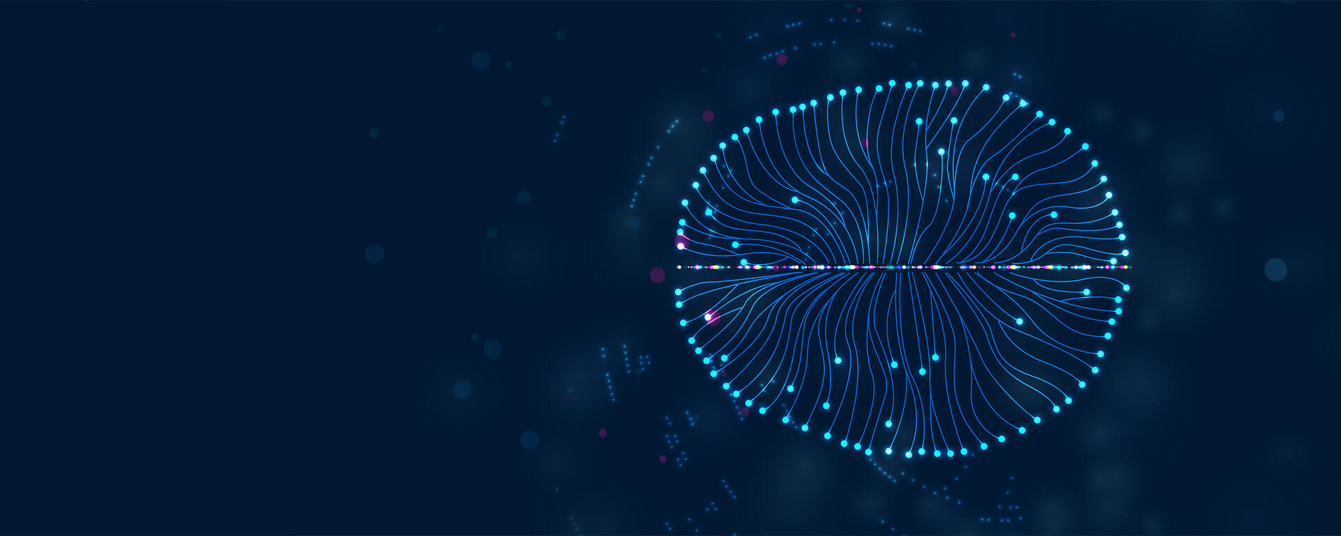 Conceptual image, showing the shape of a brain made up of many blue lines, each starting from the centre of the brain and moving outward to form the brain's outer edge. 