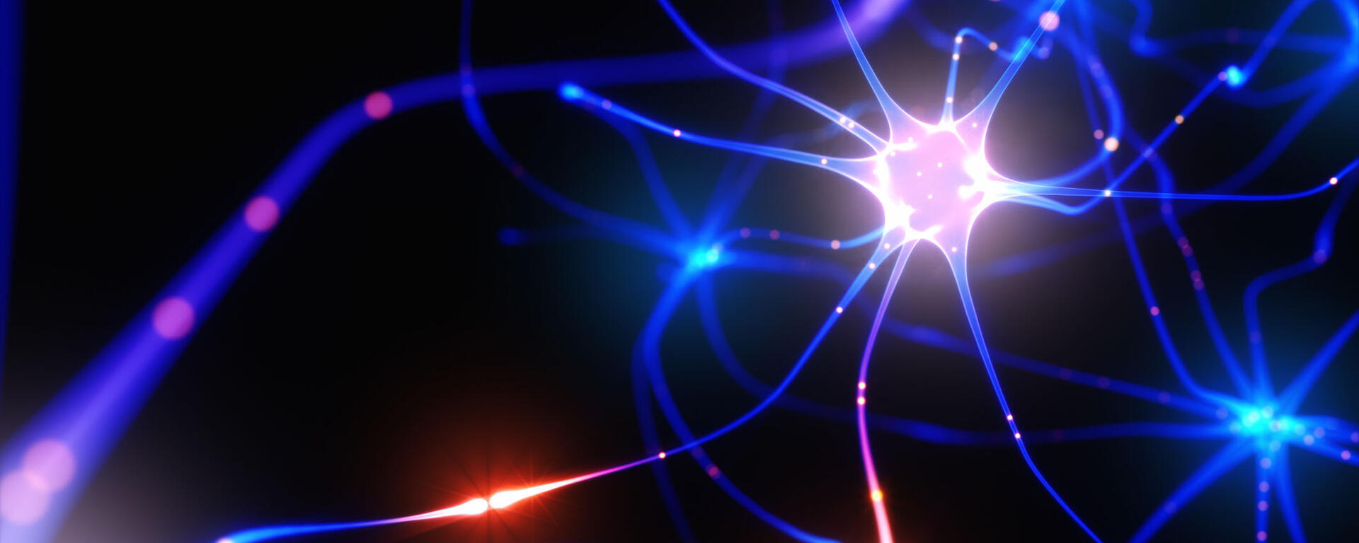 Abstract image of brain neurons that are glowing royal blue, lavender and pink.