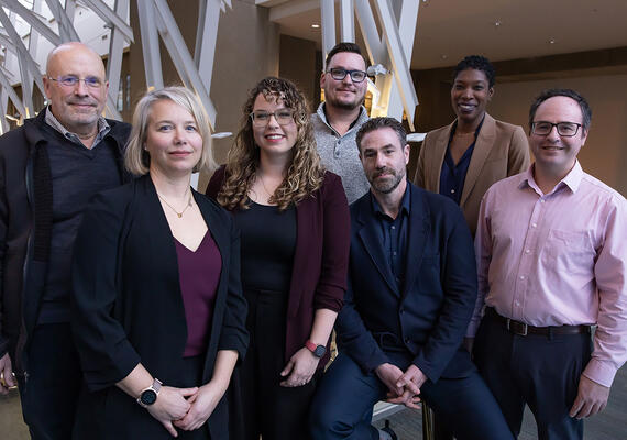 The MIST research team, including Dr. Keith Yeates, Dr. Chantel Debert, Dr. Leah Mayo, Dr. Alex Lohman, Dr. Matthew Hill, Dr. Araba Chintoh, and Dr. Alex McGirr pose for a group photo.