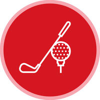 Red coloured icon of a golf club and golf ball.