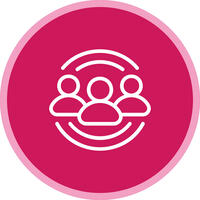 Pink coloured icon of three people connected, symbolizing community.