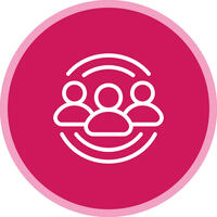 Pink coloured icon of three people connected, symbolizing community.