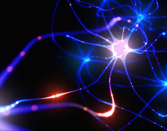 Abstract image of brain neurons that are glowing royal blue, lavender and pink.